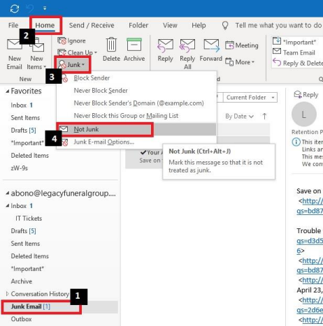 How To - Redirecting Junk Mail Outlook Application – Legacy Funeral Group